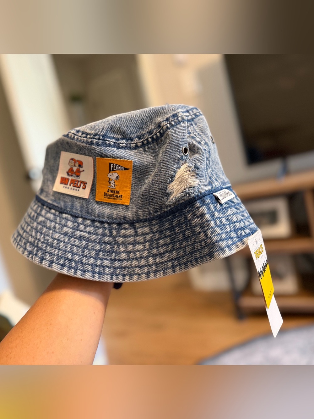 Peanuts Snoopy Linus Van Pelt Athletic Department Distressed Denim Bucket Hat